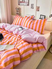 2/3Pcs Simple Orange Pink Stripes Pattern Print Duvet Cover Set Without Filler Breathable Supersoft All-Season (1pc*Duvet Cover + 1/2pcs*Pillowcase, No Pillow Core), Soft Two Tone Bedding Set Dormitory,Machine Washable King Queen Full Twin - Coral Orange - View 2