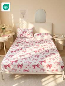 1pc Fitted Sheet, Bedding, Mattress Protector, Home Living, Home Textile, Soft, Wrinkle-Resistant, Breathable And Comfortable, Pink Bow Print, Suitable For All Bed Sizes, Dorm Bedding, Home Decor, Pillow And Pillowcase Not Included, Machine Washable, Oeko-Tex Certified - Multicolor - View 6