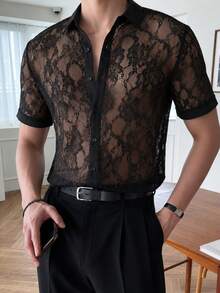 GloMan Men's Black Sheer Lace Loose Fit Drop Shoulder Short Sleeve Shirt, Vacation, Summer For Daily, Date, Beach Vacation, For Boyfriend/Husband - Black - View 2