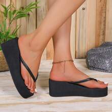 Chunky Platform Wedge Flip Flops For Women, Classic Solid Color Thick Sole Sandals, Lightweight Comfortable Wedge Shoes - 黑色 - 查看 6