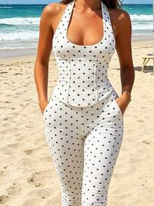 Conjunto de falda lunares nuevo verano 2026 europeo-americano, top tirantes halter con cordón, falda baja, estilo chica hot,  España - Blanco - Ver 1