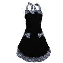Women's Black & White/Red Plaid Halter Apron With Ruffle Bow Decoration, Easy To Clean Home Fashion Princess Style Cooking Apron, Floral Pattern Bib Apron, Oil-Proof & Stain-Resistant, Princess Dress Style - Multicolor - View 2