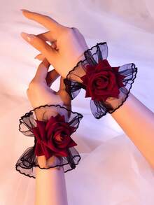 Gothic Lolita Lace Cuffs Decorated With Deep Red Roses, Elegant And Unique, Suitable For Women's Dates, Performances, And Weddings - A - View 5