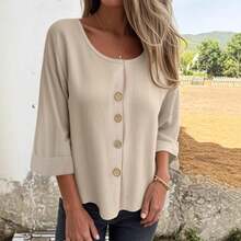 2025 New Loose-Fit T-Shirt For Women, Round Neck Cotton-Linen Button-Up Cardigan Shirt - White - View 6