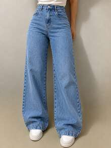 Women's Wide Leg Jeans, Straight Fit, Elegant, Thick Denim, No Elastane, Premium - 中等水洗藍 - 查看 3