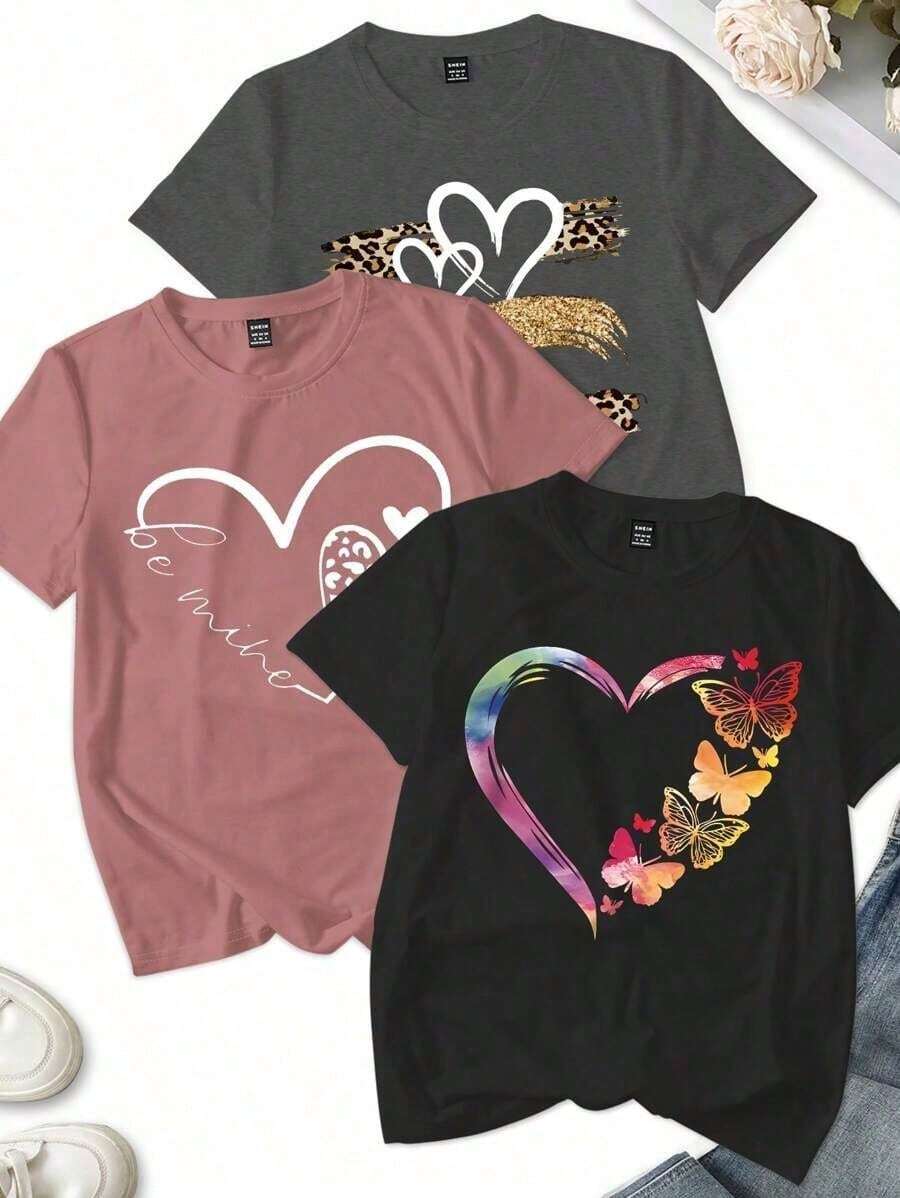 1 piezas Camiseta de mujer con combinación de estampado de leopardo y floral con forma de corazón, camisetas gráficas de verano para mujeres - Negro - Ver 1