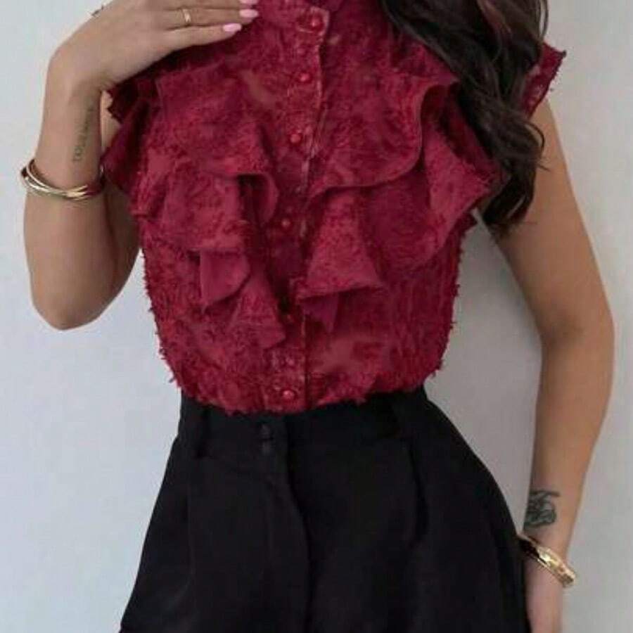 Blusa suelta y transparente sin mangas de tela texturizada con volantes multicapa, elegante, minimalista y delicada, ideal para uso diario, citas, vacaciones y el Día de San Valentín, en color albaricoque - Burdeos - Ver 1