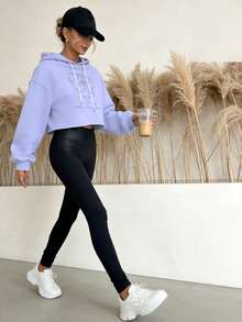 A Short-Sleeve Purple-Blue Cotton Ribbed Top Featuring Lettering, Heart, And Portrait Prints, Accented With Rhinestones And A Hooded Design - 紫羅蘭 - 查看 4