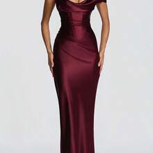 Backless Solid Color Maxi Dress, Women's Strapless Ruched Evening Party Dress - 酒紅色 - 查看 2