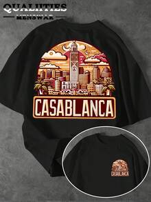 Men's Printed T-Shirt - Retro Travel Poster Design, Featuring Hassan Tower And Moroccan Architectural Motifs, Reversible Crew Neck Short Sleeves, Comfortable And Casual Style, Suitable For All Seasons, Available In Multiple Colors. (Text Function) - Black - View 1