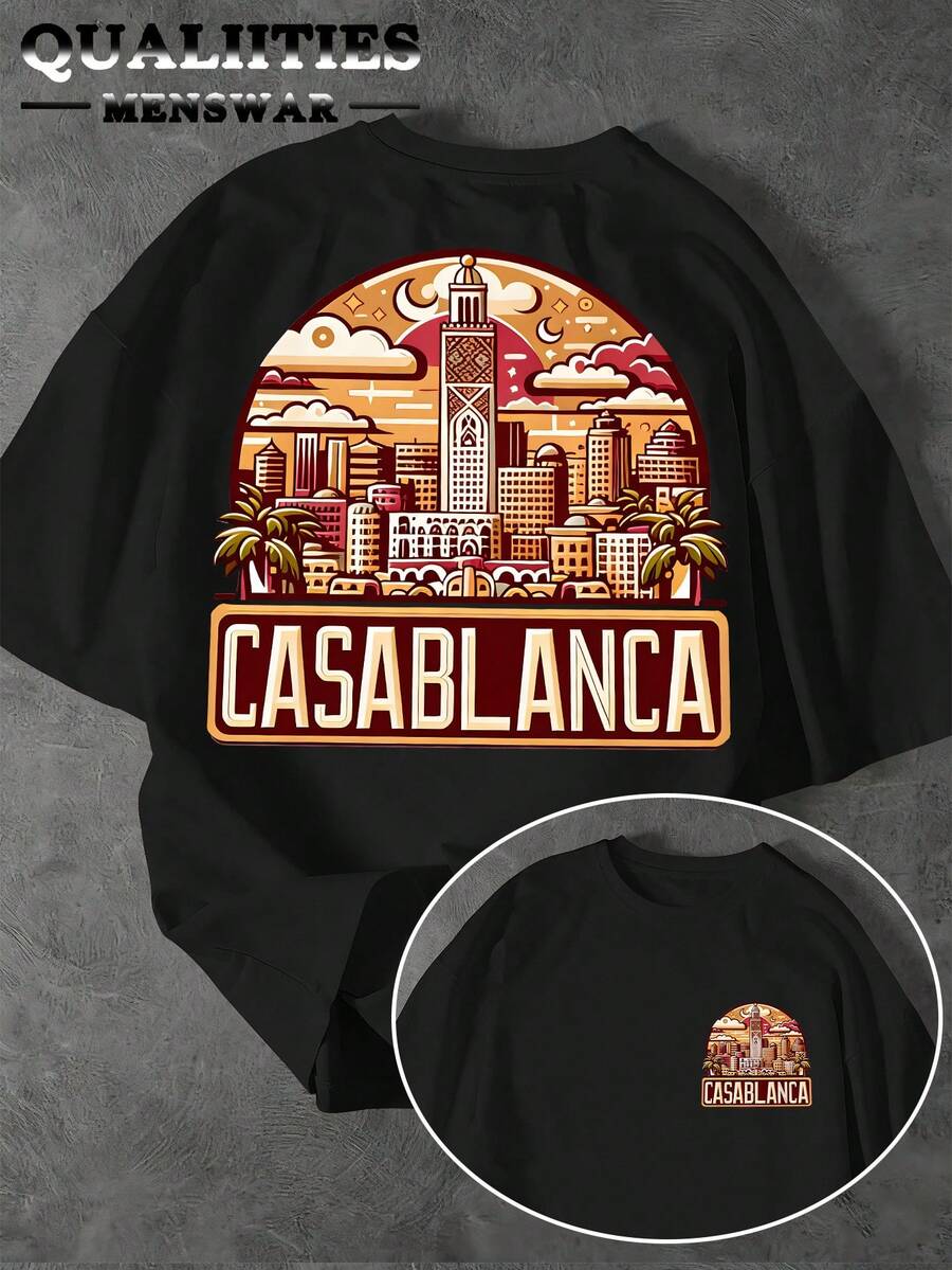 Men's Printed T-Shirt - Retro Travel Poster Design, Featuring Hassan Tower And Moroccan Architectural Motifs, Reversible Crew Neck Short Sleeves, Comfortable And Casual Style, Suitable For All Seasons, Available In Multiple Colors. (Text Function) - Black - View 1