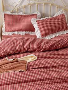 3pcs Plaid Floral Print Bedding Set Including Duvet Cover And Pillowcases (No Filler), Soft And Breathable Fabric Suitable For All Seasons, Duvet Cover With Zipper For Easy Washing,Fall Decor,Autumn Decor,Room Decor - Red - View 4