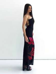 New Printed Bandeau Dress With Bows And Open Back - Black - View 3
