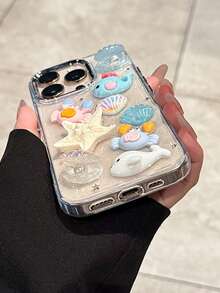 1pc Fresh Cute Ocean Shell Crab 3D Drip Glue Phone Case Compatible With Apple 16ProMax New IPhone15Pro/14plus Fashion Niche 13 Women's 12pro/11 Shockproof Protective Cover, Compatible With IPhone17promax 17pro 17 17Air Smartphone Protective Case - Clear - View 6