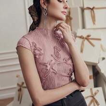Blusa elegante de mujer con cuello de pico de encaje floral rosa y mangas cortas transparentes - Rosa vieja - Ver 4