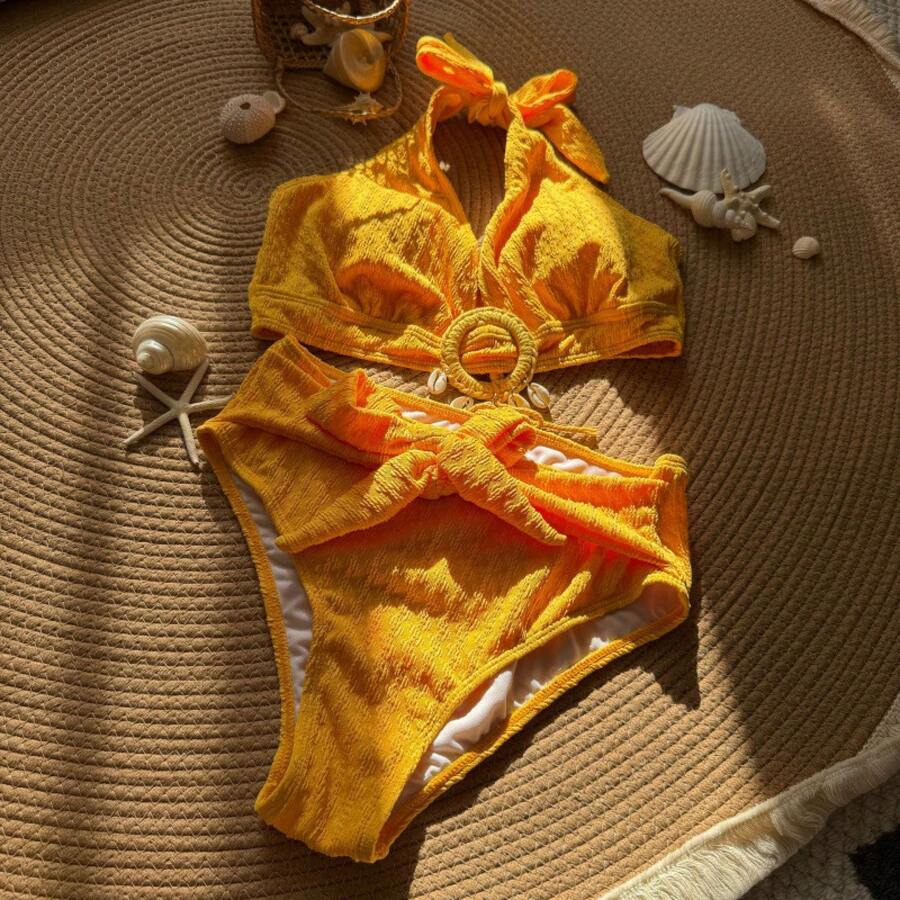 New Two-Piece High-Waisted Swimsuit With Shell Print In Pastel Shades, 2025 Collection. Cross-Border Foreign Trade - Sunflower Color - View 1
