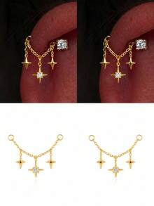 EleRunis 1PC 925 Sterling Silver Star Accessories Piercings Earrings Chain Charm Fine Jewelry For Daily Wear Wedding Party Engagement Anniversary Valentine's Day - Gold - View 2