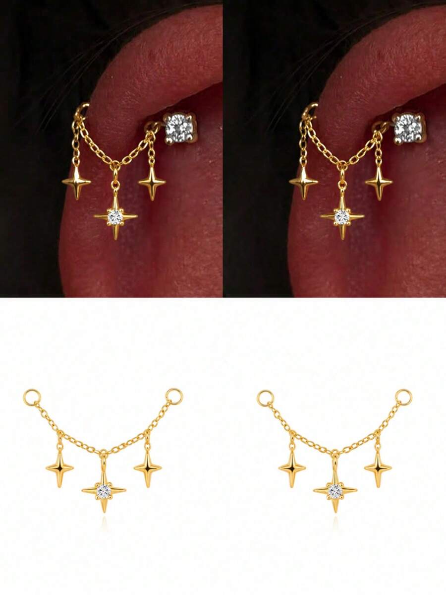 EleRunis 1PC 925 Sterling Silver Star Accessories Piercings Earrings Chain Charm Fine Jewelry For Daily Wear Wedding Party Engagement Anniversary Valentine's Day