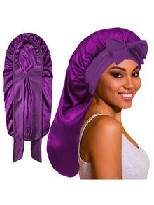2/1pc Women's Long Satin Faux Silk Bow Sleep Cap, Large Size Braided Curly Hair Sleeping Cap, Suitable For Sleeping And Daily Beauty Use - Multicolor - View 8