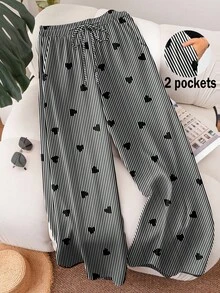 [Free Shipping]Plus Size Striped Heart Print Straight Leg Pants Women's Summer Pants Cute Pants For Woman Pants For Women Casual Wide Leg Pants Woman High Waist Women Pants - 多色 3 - 查看 1