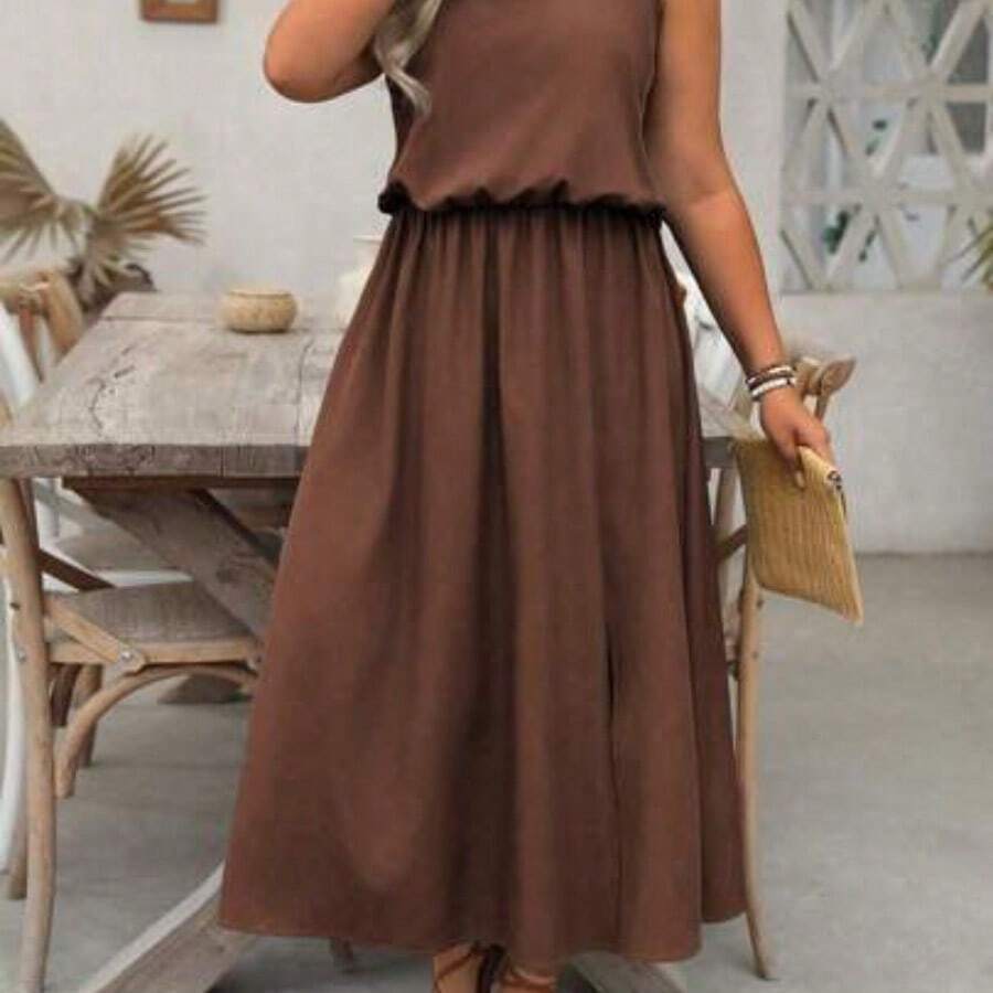 Nana's Women's Clothing Store Vestido casual de cuello redondo con estampado floral diminuto y dobladillo dividido, talla grande - Marrón - Ver 1