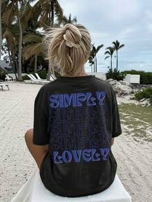 Front And Back Double Side Print, Pure Oversized T-Shirt, Vintage Style, Artistic Character, "Simply Lovely" Repetitive Print, Women's Clothing - 黑色 - 查看 3
