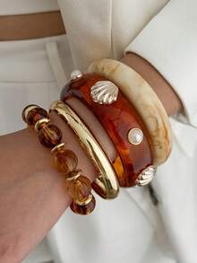 1 pieza Brazalete rígido de resina con cuentas y encanto de perla falsa con incrustación de concha pulida, diseño geométrico audaz y curva exagerada, lujoso & elegante, adecuado para boda, banquete, vacaciones, fiesta, uso diario casual, estilo callejero, mujeres, parejas, vacaciones, cumpleaños, regalo de brazalete de metal versátil - pulsera - Ver 2