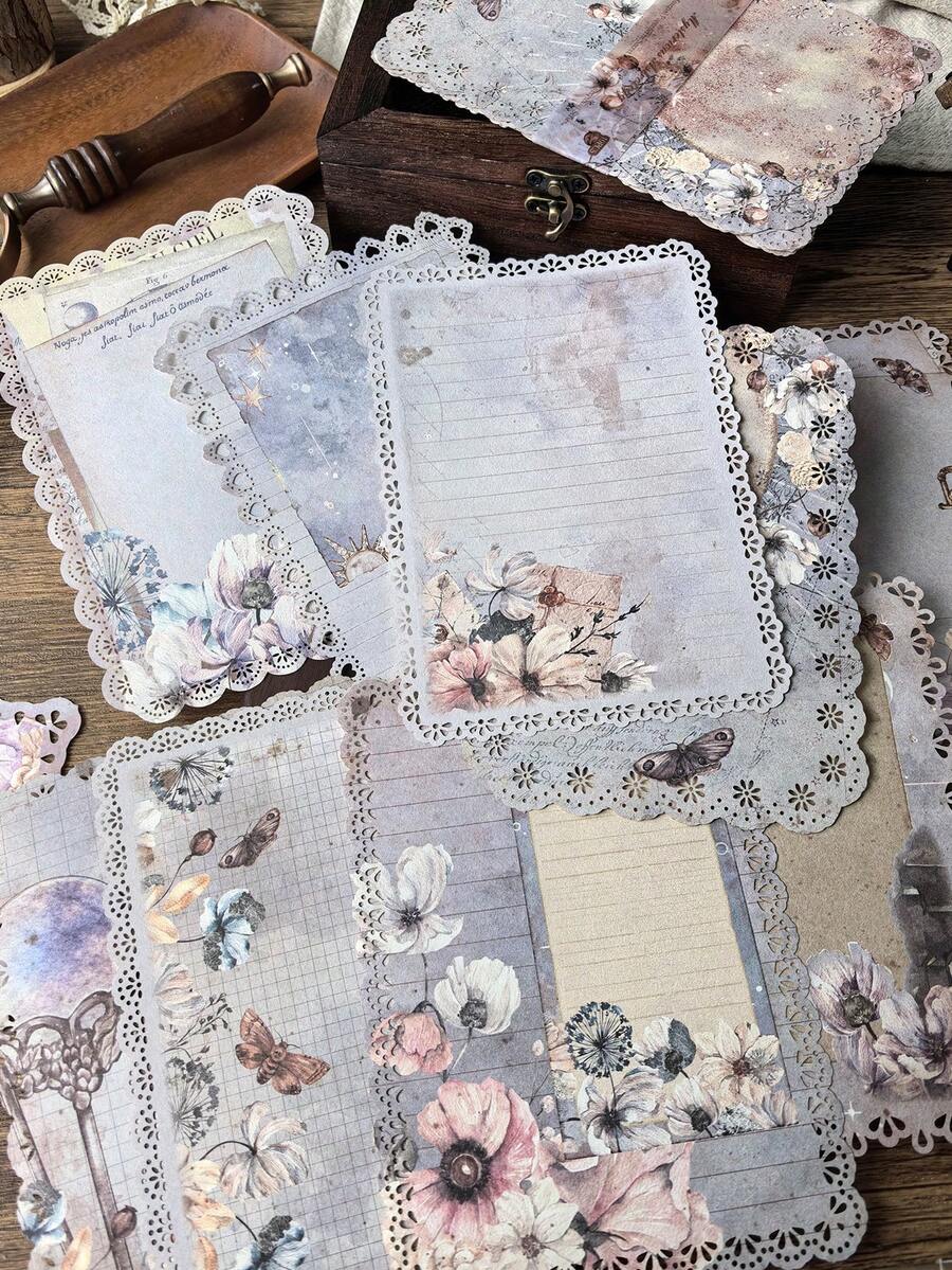 1 Pack 10 Sheets Vintage Botanical Floral Letter Paper With Hollow Border Decorative Background Material Paper - BQ984 - View 1