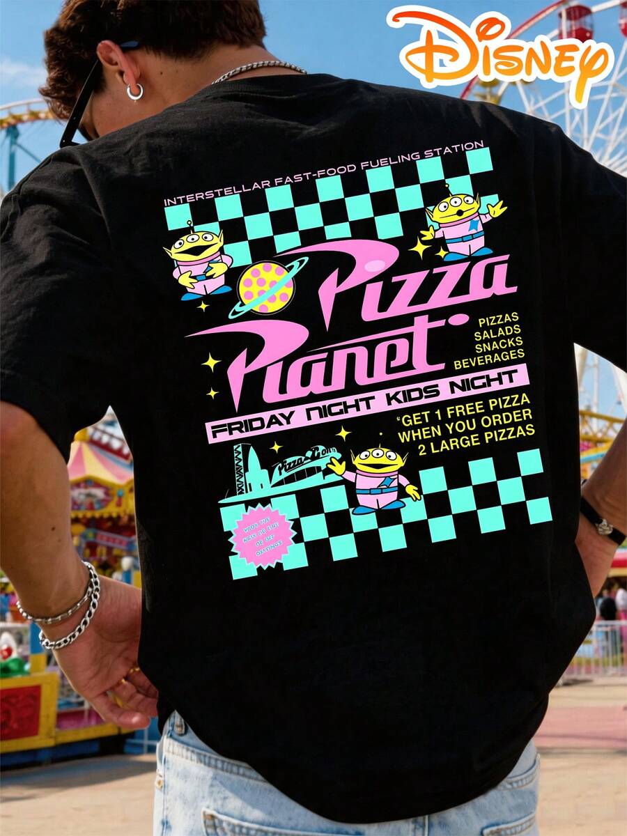 Disney Toy Story Pizza Planet Minimoy T-Shirt, American Retro Neon Print, Men's Pure Cotton T-Shirt, Casual Everyday Style, Funny Cartoon Design, Suitable As Holiday T-Shirt, School T-Shirt, Streetwear, Everyday Wear, Partner Outfits, Family Outfits. - 黑色 - 查看 1