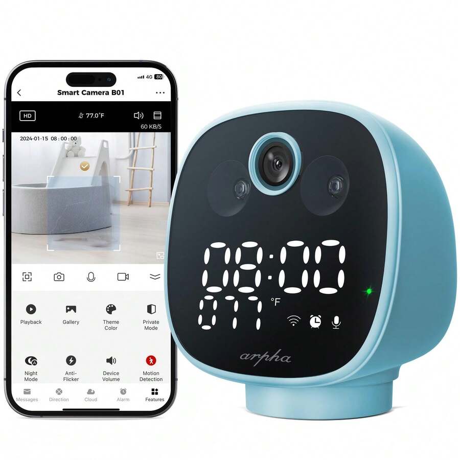 ARPHA Two Way Talk Indoor Security Camera, 1080P WiFi Camera For Monitor, PIR Motion Detection Temp Monitoring, One Touch Call , Night Vision 355° Pan, Night Lamp Alarm Clock - Mint Blue - View 1