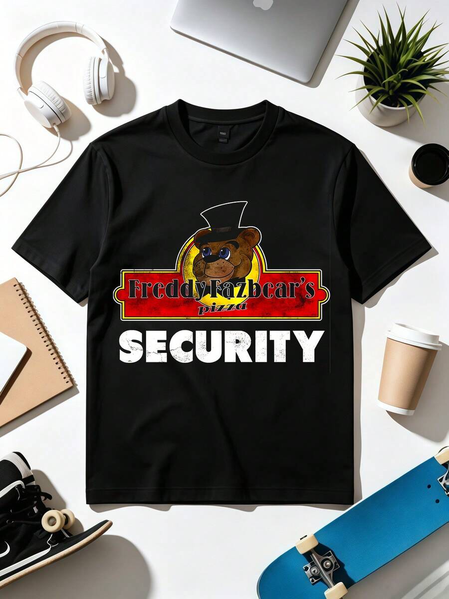 Freddy Fazbear's Pizza Security Staff Retro T-Shirt. Soft Fabric, Loose-Fitting, Everyday Casual T-Shirt. - Black - View 1