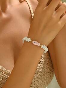 1pc Retro Fashionable Charming Elegant Personalized White Beaded Pink Fish Bracelet, Suitable For Women's Daily Casual, Party, Music Festival, Beach Vacation, Gift For Holidays - White Pink - View 2