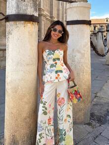 Conjunto de 2 piezas de top halter con estampado floral elegante y pantalones anchos de cintura alta, conjunto casual romántico y bohemio chic para vacaciones en la playa - Multicolor - Ver 1