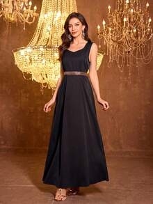 Women's Fashion Party & Banquet Long Sleeve Applique Waist Belt Sequin Patchwork Evening Dress Black - Black - View 2