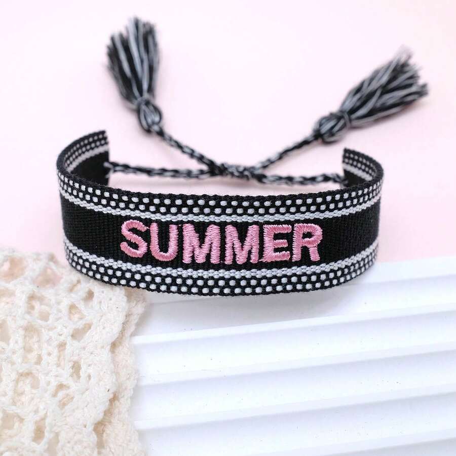 1件復古刺繡字母SUMMER手工編織波西米亞度假風手鍊,適合家人、朋友、同學、旅行與派對 - 黑色 - 查看 1