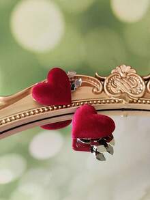 1pc/2pcs Flocked Heart Cufflinks, Decorative Shirt Buttons, Fashion Crystal Cufflinks Decor, Suitable For Tuxedo And Wedding Dress Decoration - Burgundy - View 3
