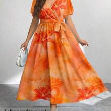dahkjdgajy  Vestido holgado de talla grande con estampado retro de flores de hibisco, adecuado para primavera y verano - Naranja - Ver 1