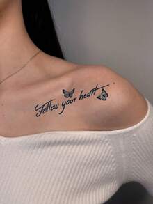 1 pieza Pegatina de tatuaje con patrón de mariposa y frase corta en inglés "Follow Your Heart" de estilo herbal, diseño de tatuaje realista, adecuado para viajes, festivales de música, juegos, regalos de graduación, para 7-14 días - Negro - Ver 5