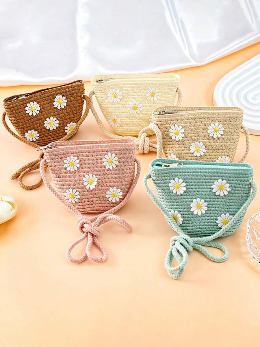 [Mini] 1pc Girls Summer Floral Straw Crossbody Bag, Suitable For Daily And Vacation Use - Multicolor - View 1