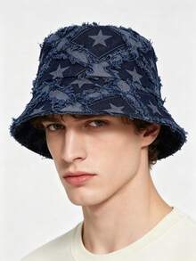 1pc Sports Outdoor Bucket Hat, Korean Style Denim Hat, Washed Distressed Star Pattern Hat, Suitable For Daily Street Wear, Summer Sun Protection Hat - Dark Blue - View 4