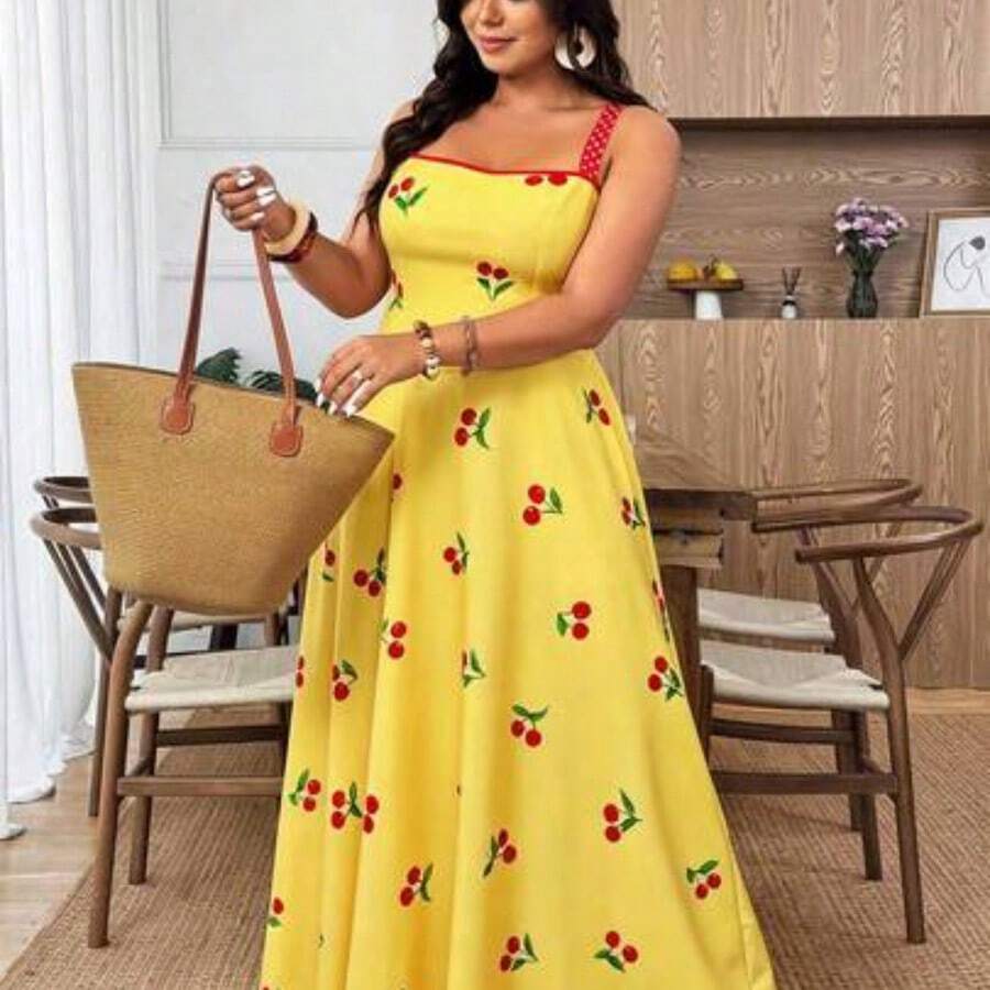 ghadjgyjad Weeklong Vestido de tirantes con estampado de cerezas para mujer talla grande, uso casual de vacaciones, cómodo para exteriores, primavera/verano - Amarillo - Ver 1