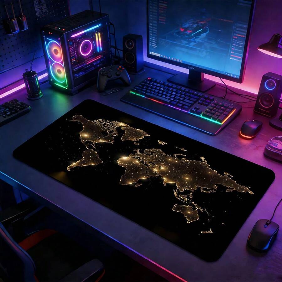 1pc Black & Gold World Map Theme Extra Large Mouse Pad, Tech Atmosphere Large Office Mouse Pad - Business Style Extended Extra Large Black & Gold World Map Pattern Mouse Pad, With Non-Slip Rubber Bottom Laptop Keyboard Pad, Stitched Edge Soft Fabric Mouse Pad, Suitable For Home Office, Study, Gaming And Esports - View 1