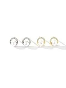 1 par de pendientes de botón de plata de ley S925 con perlas falsas versátiles para mujeres, accesorio de joyería para uso diario y combinación total, regalo de cumpleaños y festividades para amigas y mejores amigas - perla - Ver 7