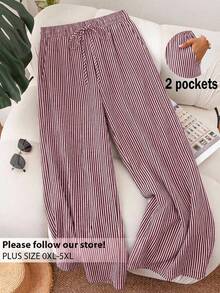 [Free Shipping]Plus Size Striped Heart Print Straight Leg Pants Women's Summer Pants Cute Pants For Woman Pants For Women Casual Wide Leg Pants Woman High Waist Women Pants - 中紫紅色 - 查看 1