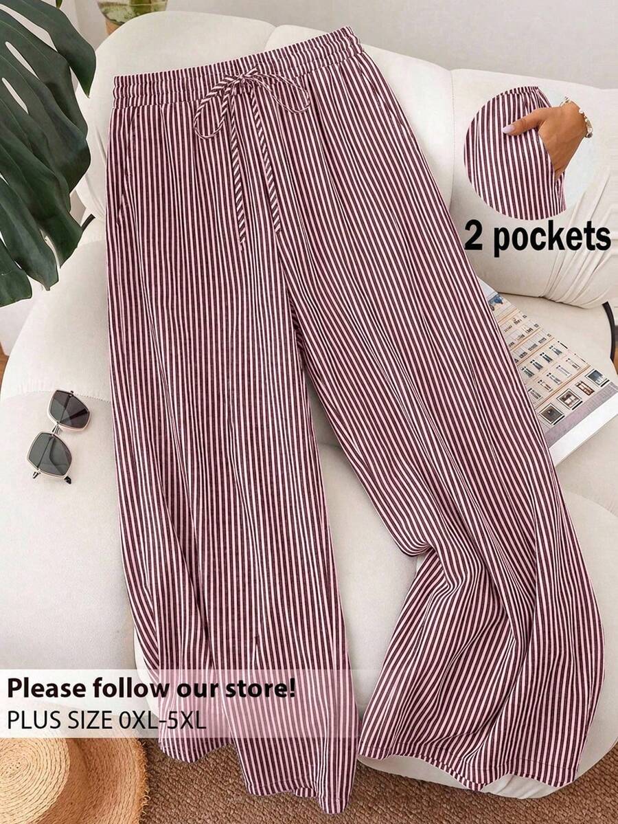 [Free Shipping]Plus Size Striped Heart Print Straight Leg Pants Women's Summer Pants Cute Pants For Woman Pants For Women Casual Wide Leg Pants Woman High Waist Women Pants - 中紫紅色 - 查看 1