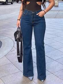 Women's Casual Minimalist Washed Straight-Leg Jeans, Slim Fit Suitable For All Seasons - Dark Wash - View 3