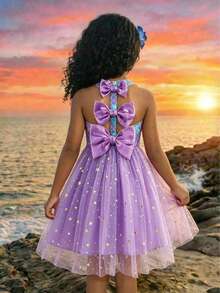 Gaun Putri Duyung Leher Halter untuk Anak Perempuan, Gaun Tulle Tanpa Lengan Motif Sisik Ikan Gradien, Pakaian Liburan Pesta Pantai - Purple - View 2