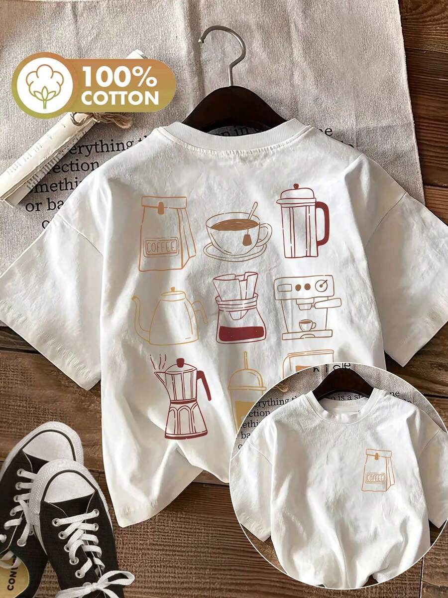 Minimalist. 100% Cotton. 1 Piece. [Double-Sided Printing]Women's Spring/Summer Top. Hand-Painted Style. Coffee Accessories. Fashionable. Versatile. Casual. Round Neck. Printed. Short Sleeve. Women's Pure Cotton T-Shirt. [Su K]Spring/Summer Top. - 白色 - 查看 1