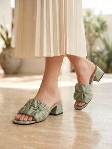 French Square Toe Rose Floral Print Design Chunky Heel High Heel Sandals, Slimming, Fashionable, Versatile, Elegant, Comfortable, Suitable For Commuting, Travel, Vacation, Dating, Banquet - Green Roses - View 5