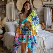 Disney 1件裝彩色卡通史迪奇迪士尼主題法蘭絨印花毯，空調蓋毯 - 100%聚酯纖維針織絎縫毯，數位印花 - 舒適床上用品適用於四季，適合午睡、露營、旅行 - 朋友和家人的理想禮物，舒適法蘭絨毯 - 多種尺寸可選，超柔軟，適用於沙發/床，四季必備 - 彩色 - 查看 4